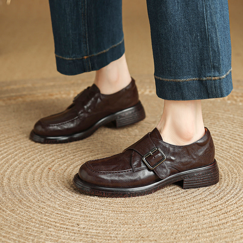 Women's Retro Leather Monk Strap Loafers Vintage Round Toe Platform Flats
