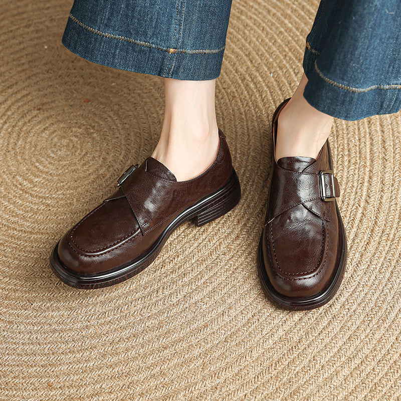 Women's Retro Leather Monk Strap Loafers Vintage Round Toe Platform Flats