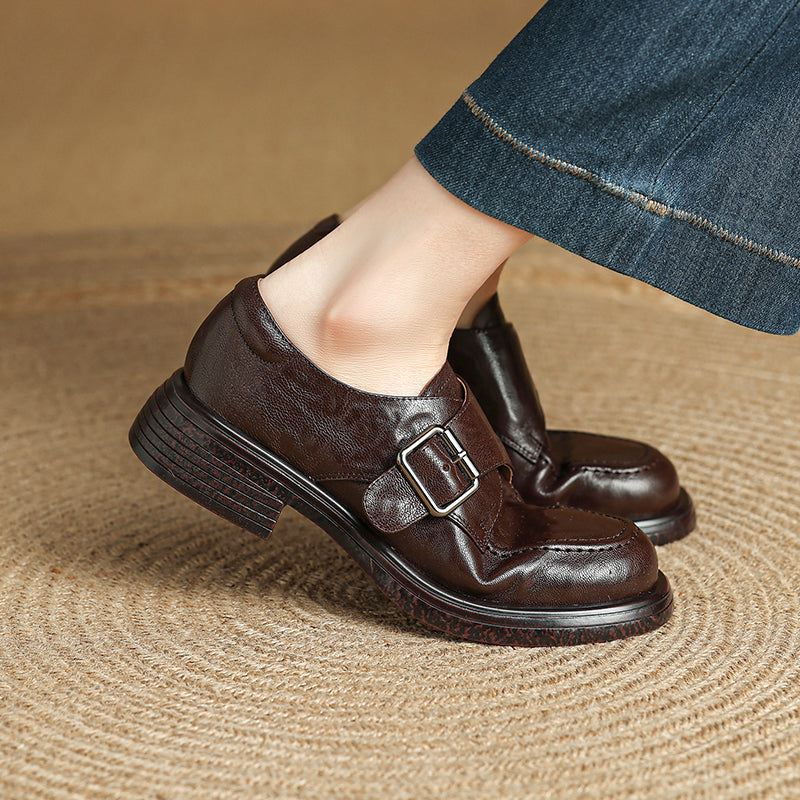 Women's Retro Leather Monk Strap Loafers Vintage Round Toe Platform Flats