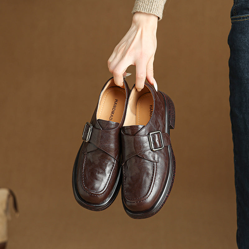 Women's Retro Leather Monk Strap Loafers Vintage Round Toe Platform Flats