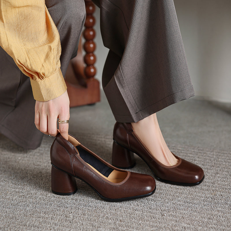 Women's Retro Croc Embossed Leather Pumps Vintage Block High Heels