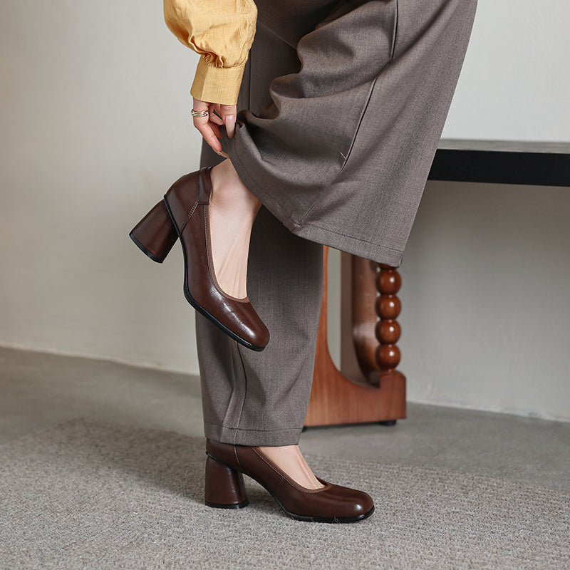 Women's Retro Croc Embossed Leather Pumps Vintage Block High Heels