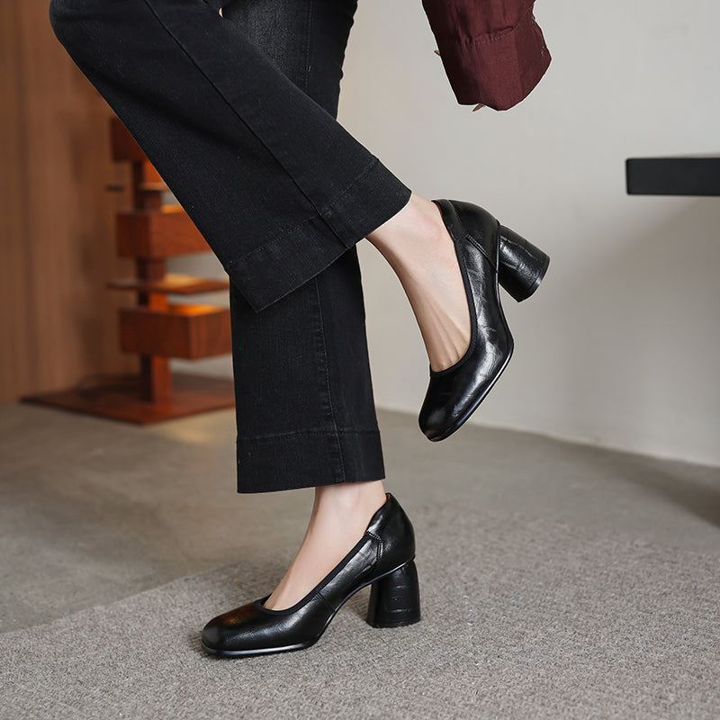 Women's Retro Croc Embossed Leather Pumps Vintage Block High Heels