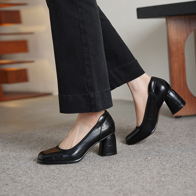 Women's Retro Croc Embossed Leather Pumps Vintage Block High Heels