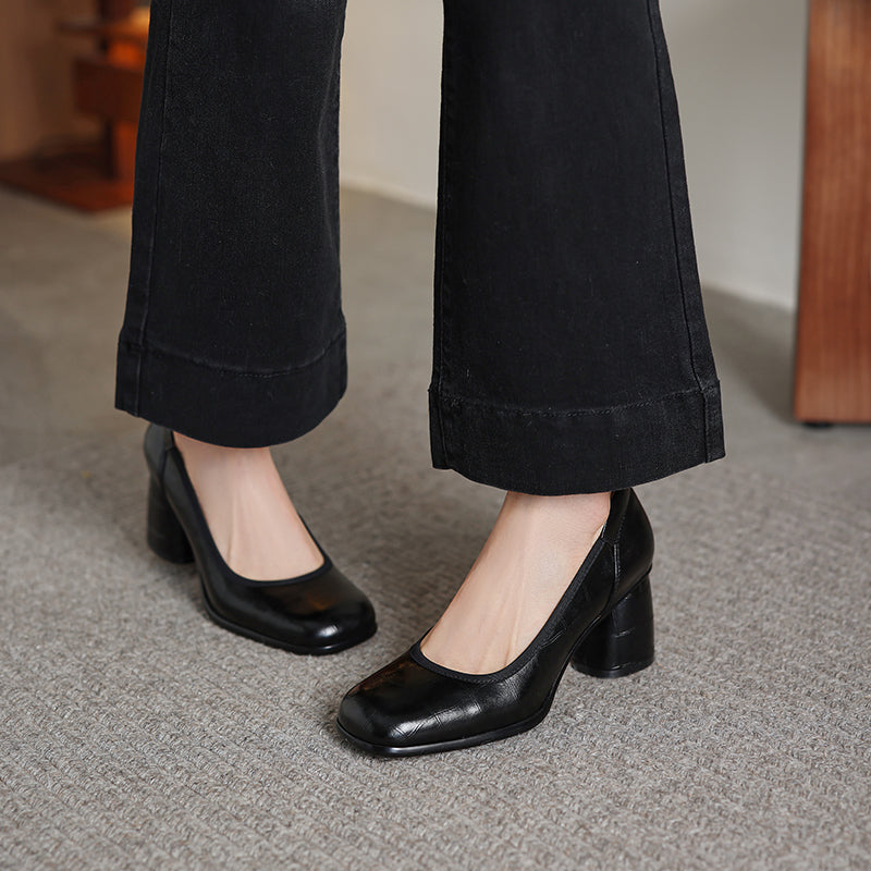 Women's Retro Croc Embossed Leather Pumps Vintage Block High Heels