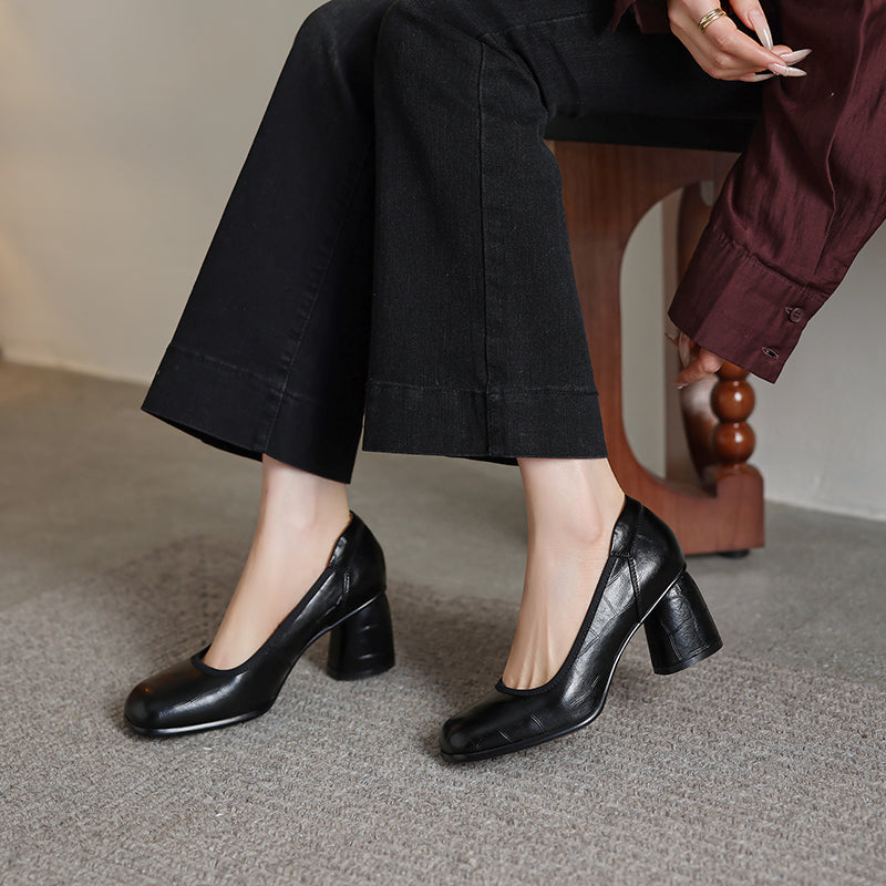 Women's Retro Croc Embossed Leather Pumps Vintage Block High Heels