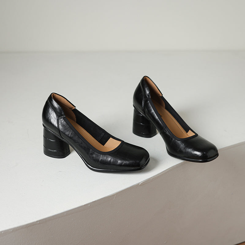 Women's Retro Croc Embossed Leather Pumps Vintage Block High Heels