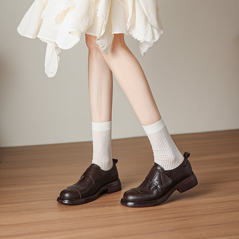 Women's Retro Leather Loafers Vintage Round Toe Velcro Platform Flats