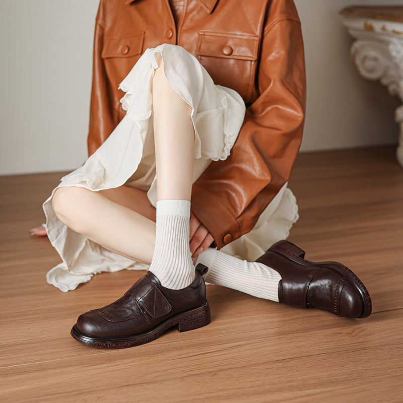 Women's Retro Leather Loafers Vintage Round Toe Velcro Platform Flats