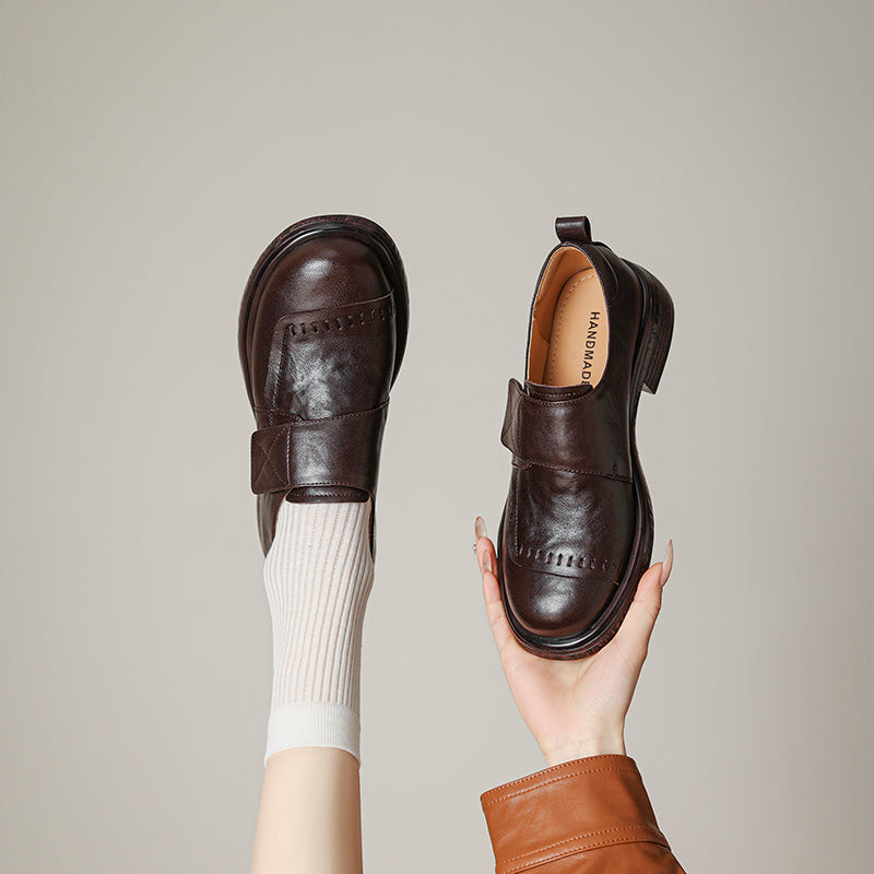 Women's Retro Leather Loafers Vintage Round Toe Velcro Platform Flats