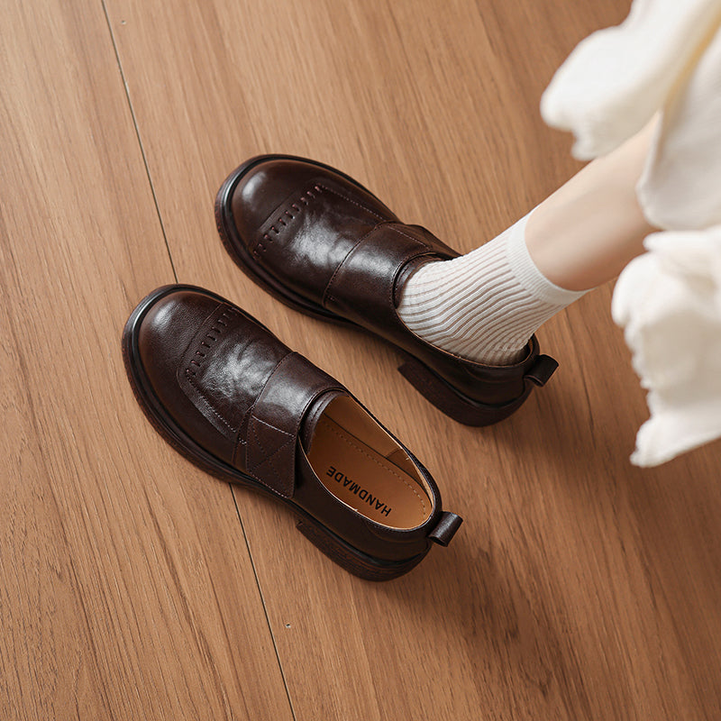 Women's Retro Leather Loafers Vintage Round Toe Velcro Platform Flats