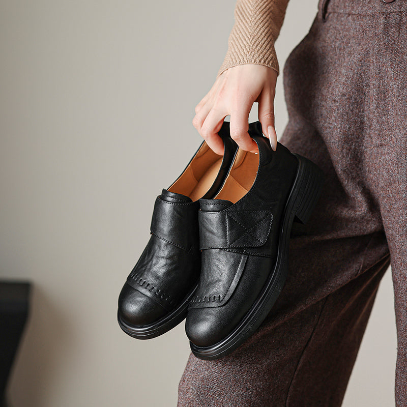 Women's Retro Leather Loafers Vintage Round Toe Velcro Platform Flats