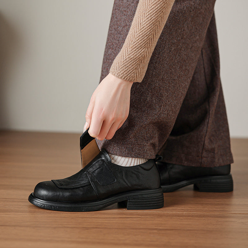Women's Retro Leather Loafers Vintage Round Toe Velcro Platform Flats