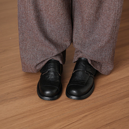 Women's Retro Leather Loafers Vintage Round Toe Velcro Platform Flats