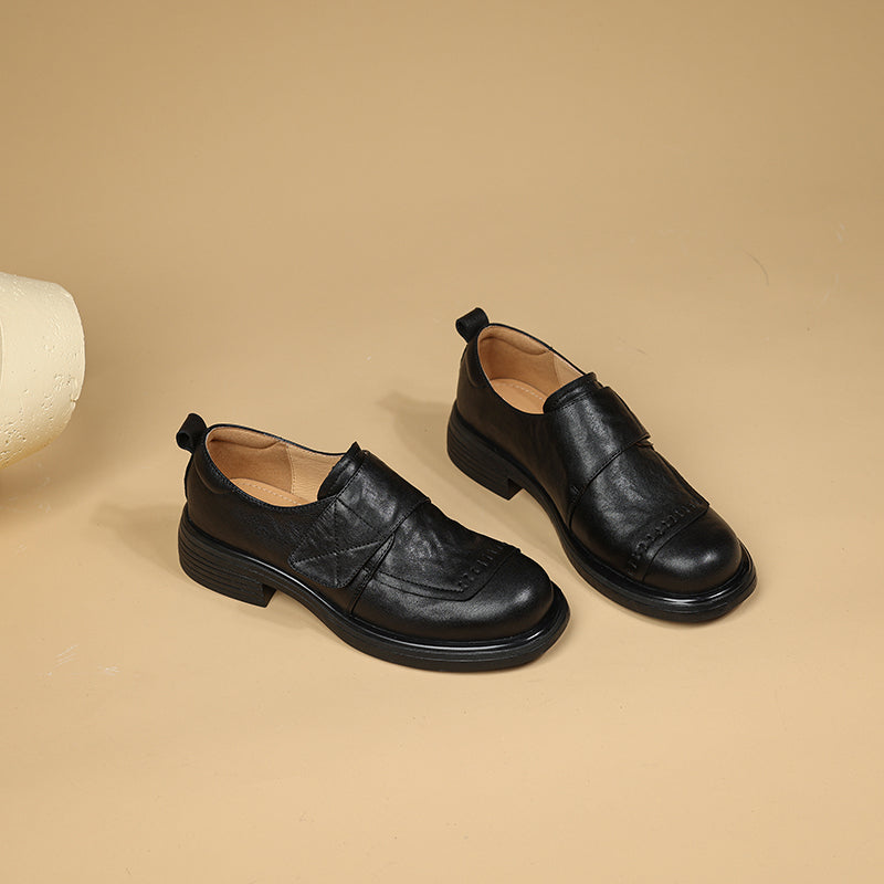 Women's Retro Leather Loafers Vintage Round Toe Velcro Platform Flats