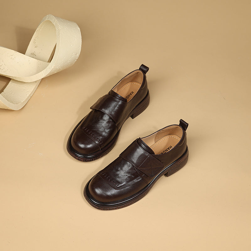 Women's Retro Leather Loafers Vintage Round Toe Velcro Platform Flats