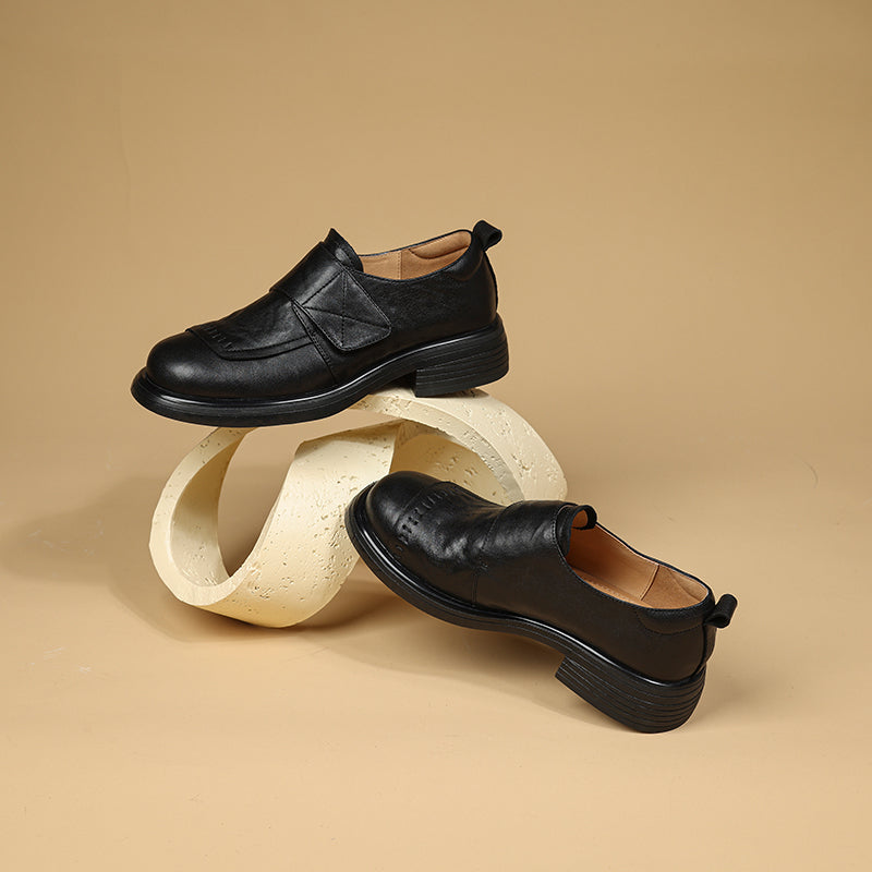Women's Retro Leather Loafers Vintage Round Toe Velcro Platform Flats