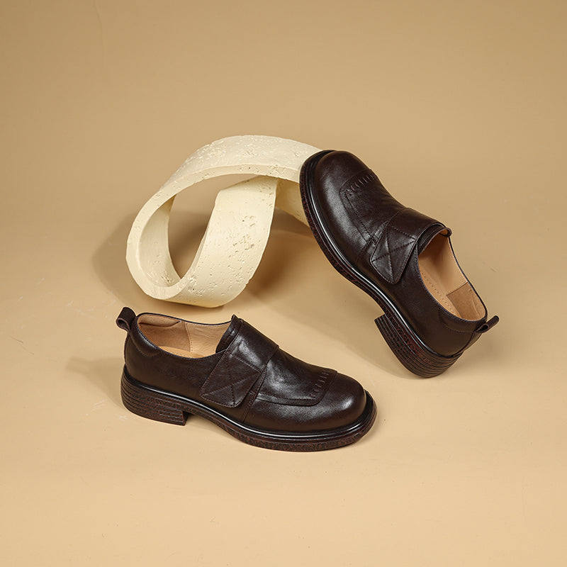 Women's Retro Leather Loafers Vintage Round Toe Velcro Platform Flats
