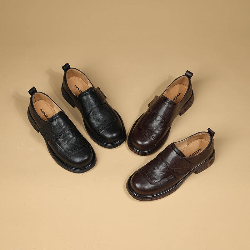 Women's Retro Leather Loafers Vintage Round Toe Velcro Platform Flats