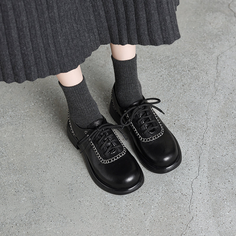 Women's Retro Leather Oxford Shoes Vintage Round Toe Platform Chunky Heels