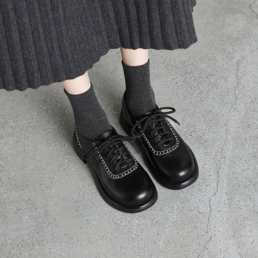 Women's Retro Leather Oxford Shoes Vintage Round Toe Platform Chunky Heels