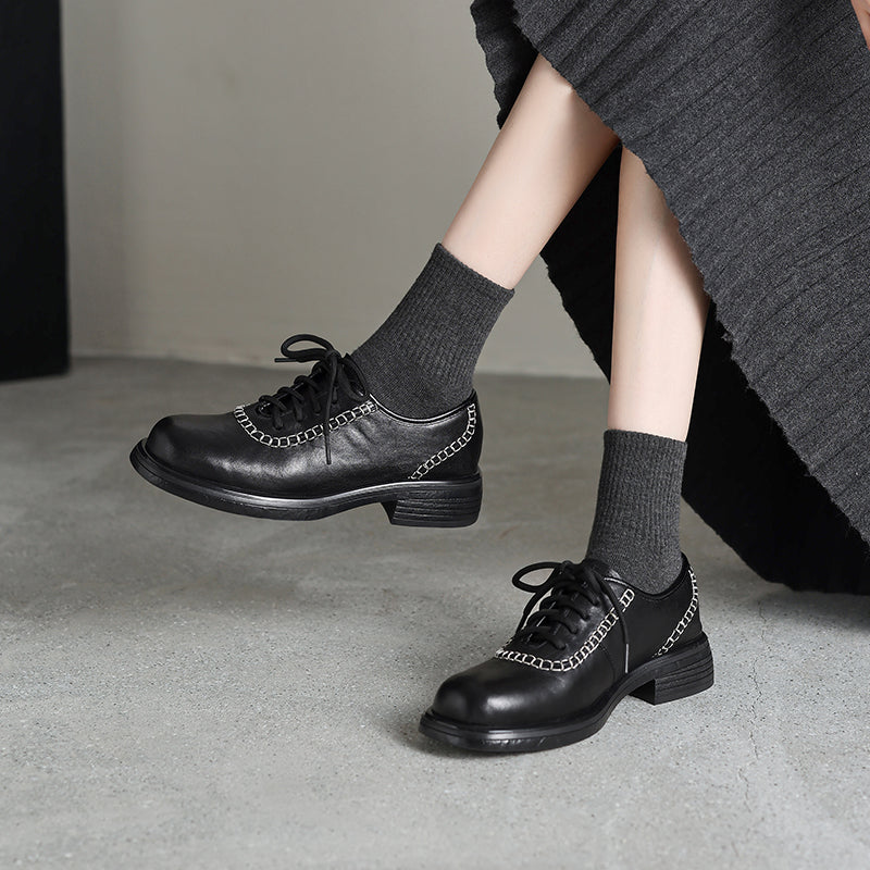 Women's Retro Leather Oxford Shoes Vintage Round Toe Platform Chunky Heels