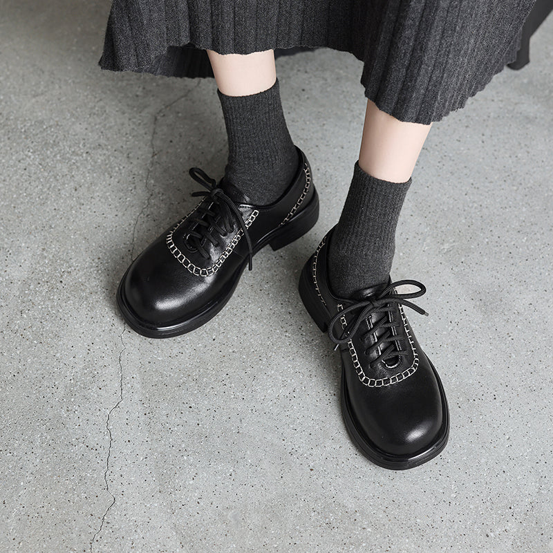 Women's Retro Leather Oxford Shoes Vintage Round Toe Platform Chunky Heels