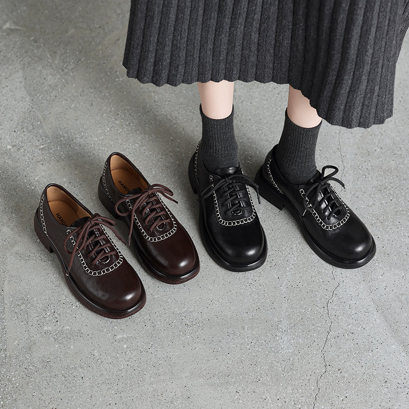 Women's Retro Leather Oxford Shoes Vintage Round Toe Platform Chunky Heels