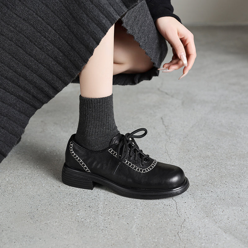 Women's Retro Leather Oxford Shoes Vintage Round Toe Platform Chunky Heels