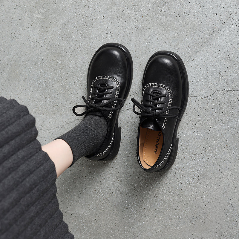 Women's Retro Leather Oxford Shoes Vintage Round Toe Platform Chunky Heels