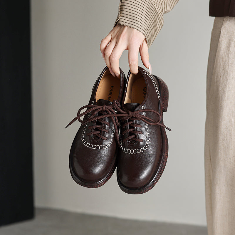 Women's Retro Leather Oxford Shoes Vintage Round Toe Platform Chunky Heels