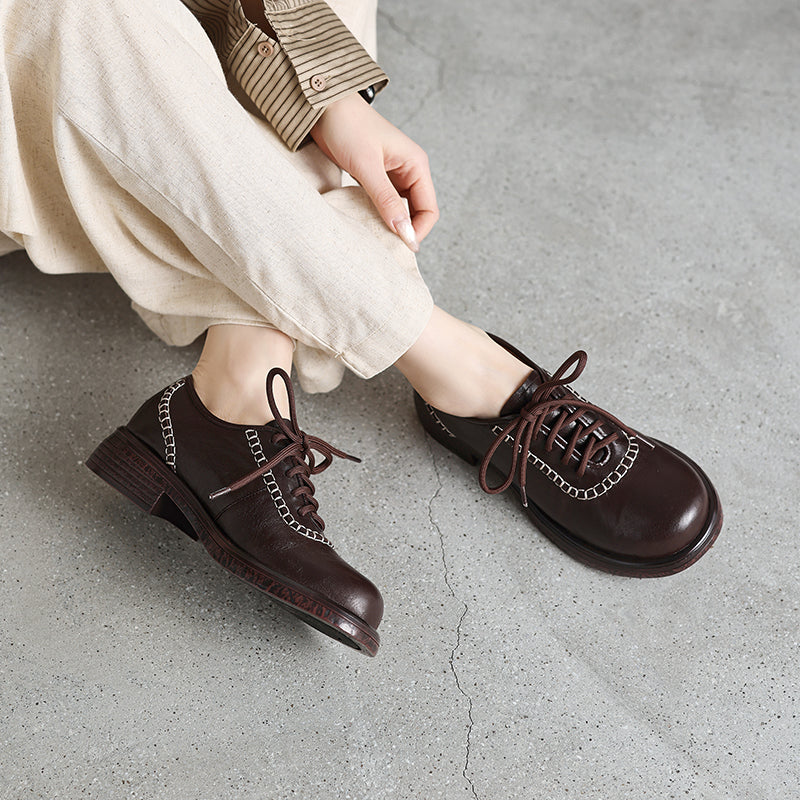 Women's Retro Leather Oxford Shoes Vintage Round Toe Platform Chunky Heels