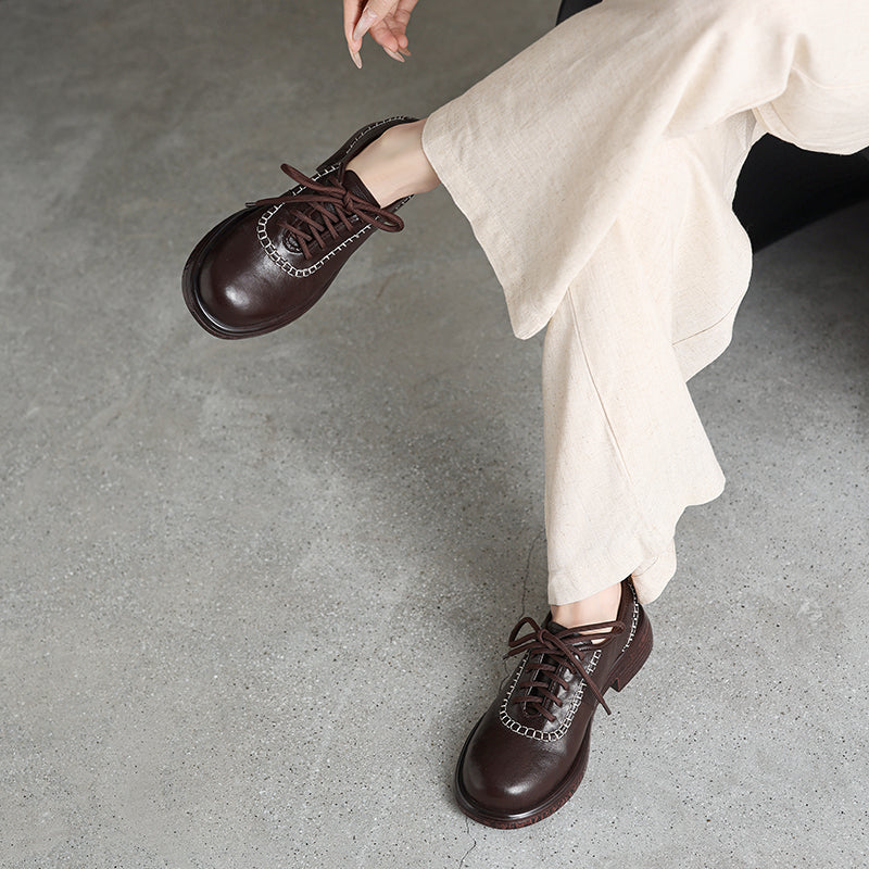 Women's Retro Leather Oxford Shoes Vintage Round Toe Platform Chunky Heels