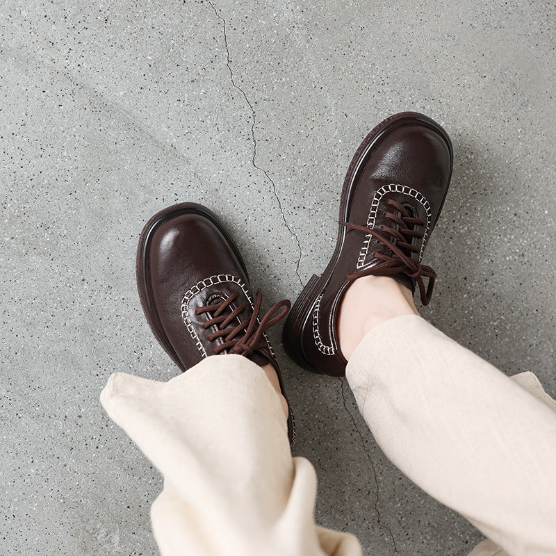 Women's Retro Leather Oxford Shoes Vintage Round Toe Platform Chunky Heels