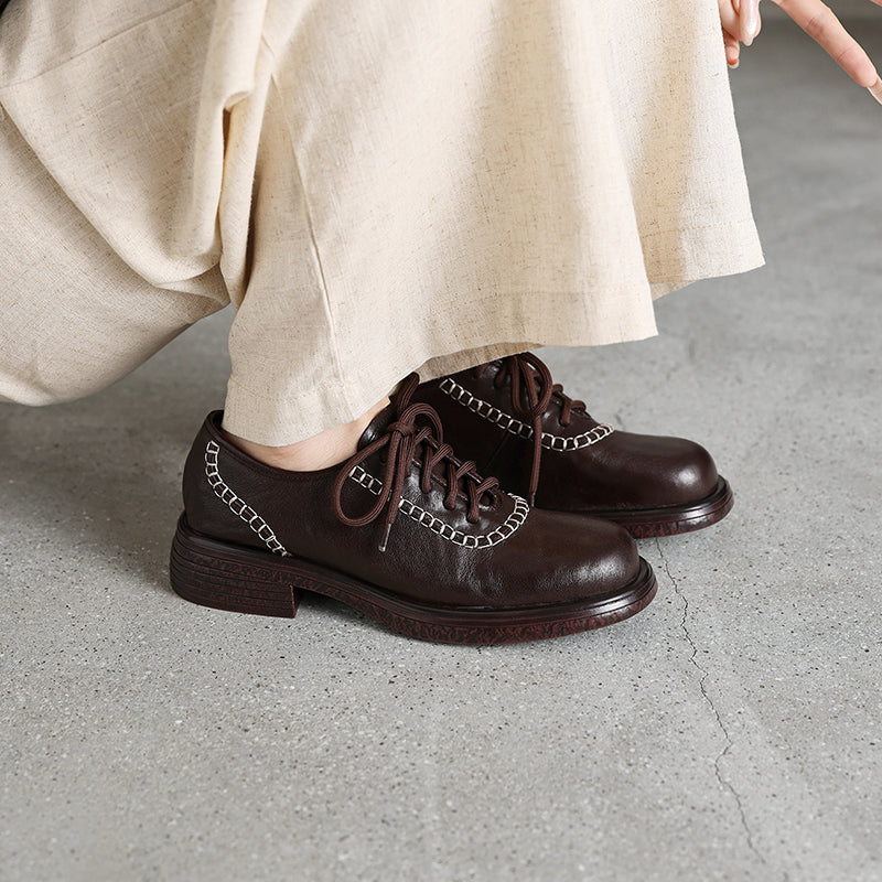 Women's Retro Leather Oxford Shoes Vintage Round Toe Platform Chunky Heels