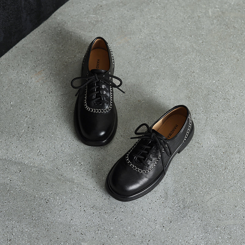 Women's Retro Leather Oxford Shoes Vintage Round Toe Platform Chunky Heels