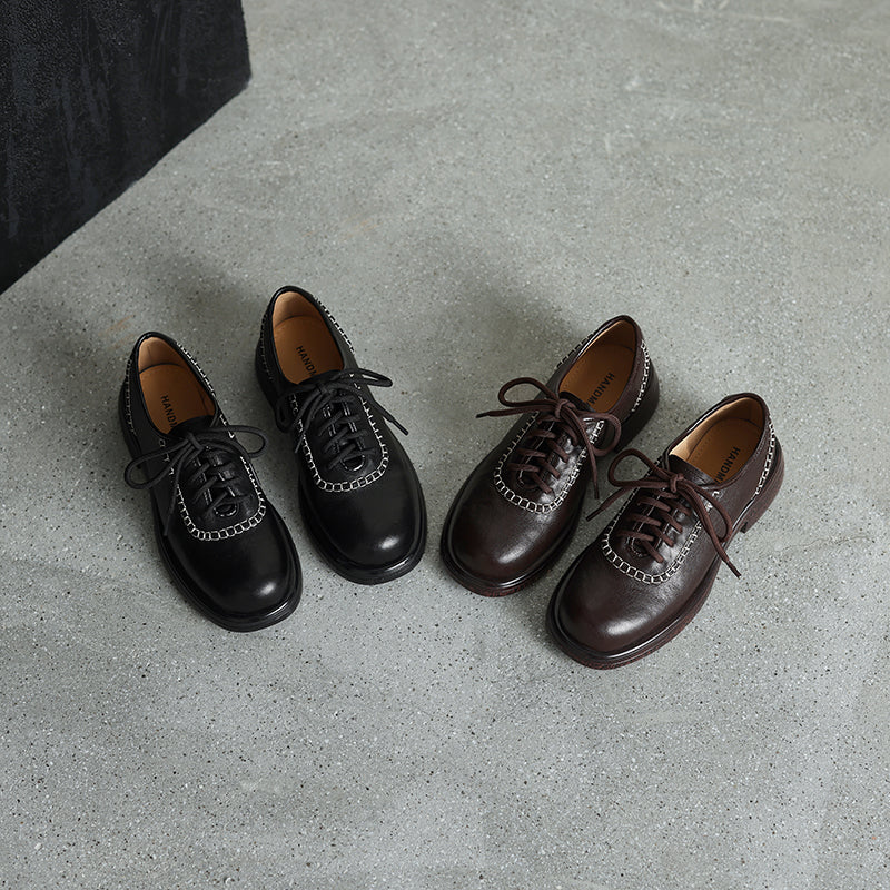 Women's Retro Leather Oxford Shoes Vintage Round Toe Platform Chunky Heels