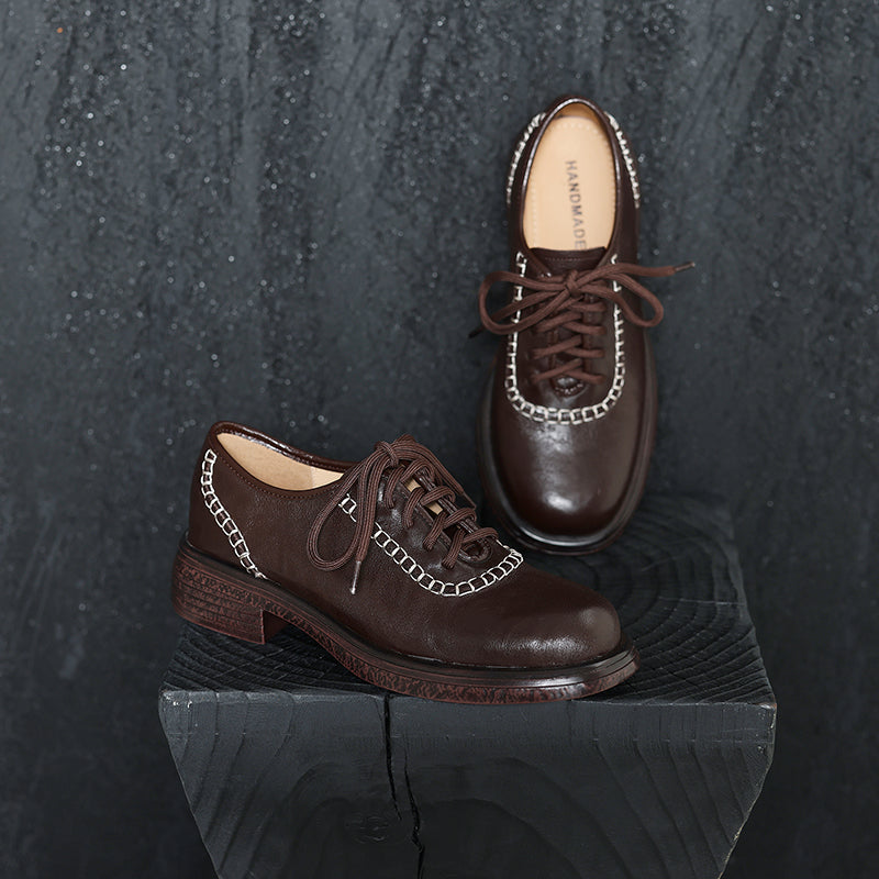 Women's Retro Leather Oxford Shoes Vintage Round Toe Platform Chunky Heels