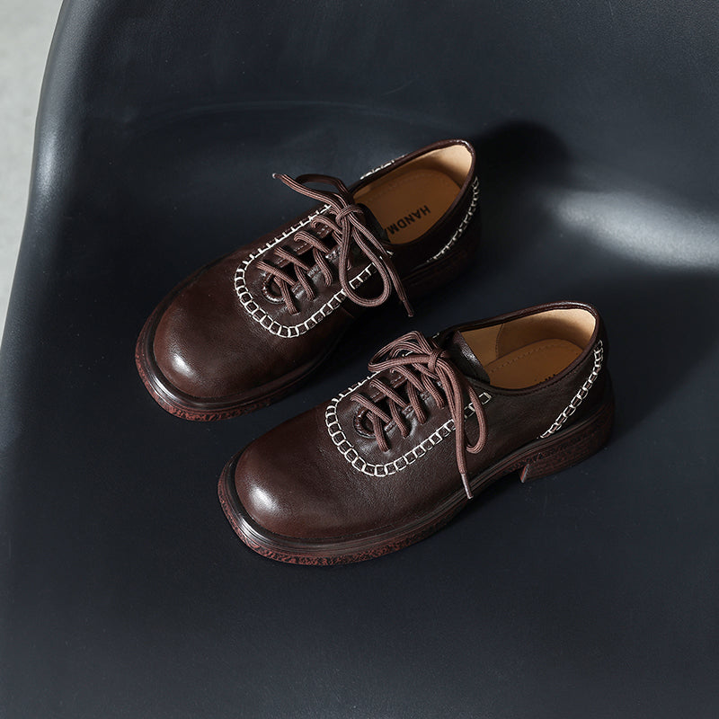Women's Retro Leather Oxford Shoes Vintage Round Toe Platform Chunky Heels