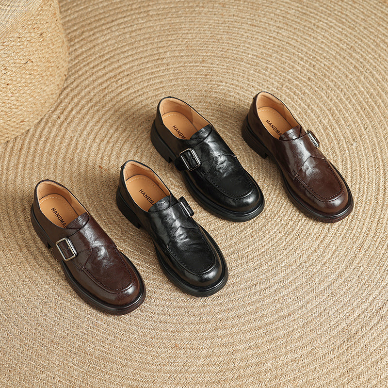 Women's Retro Leather Monk Strap Loafers Vintage Round Toe Platform Flats