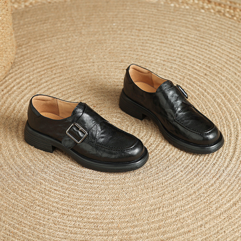 Women's Retro Leather Monk Strap Loafers Vintage Round Toe Platform Flats