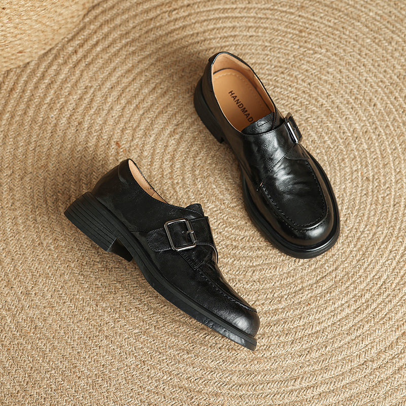 Women's Retro Leather Monk Strap Loafers Vintage Round Toe Platform Flats