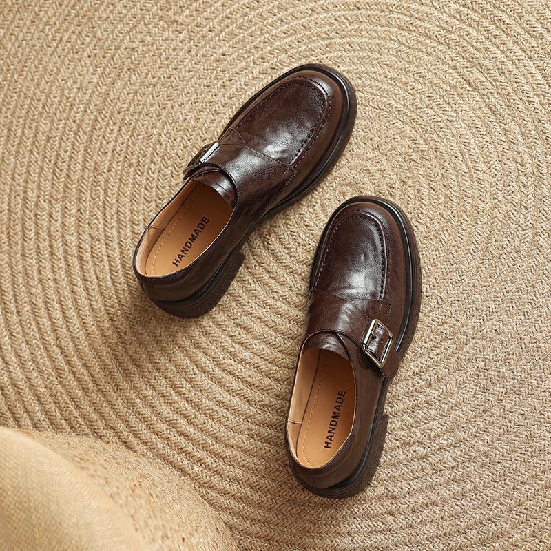 Women's Retro Leather Monk Strap Loafers Vintage Round Toe Platform Flats