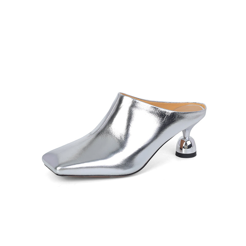 Women's Leather Sculptural Heel Mules Modern Square Toe Luxury Lambskin Heels