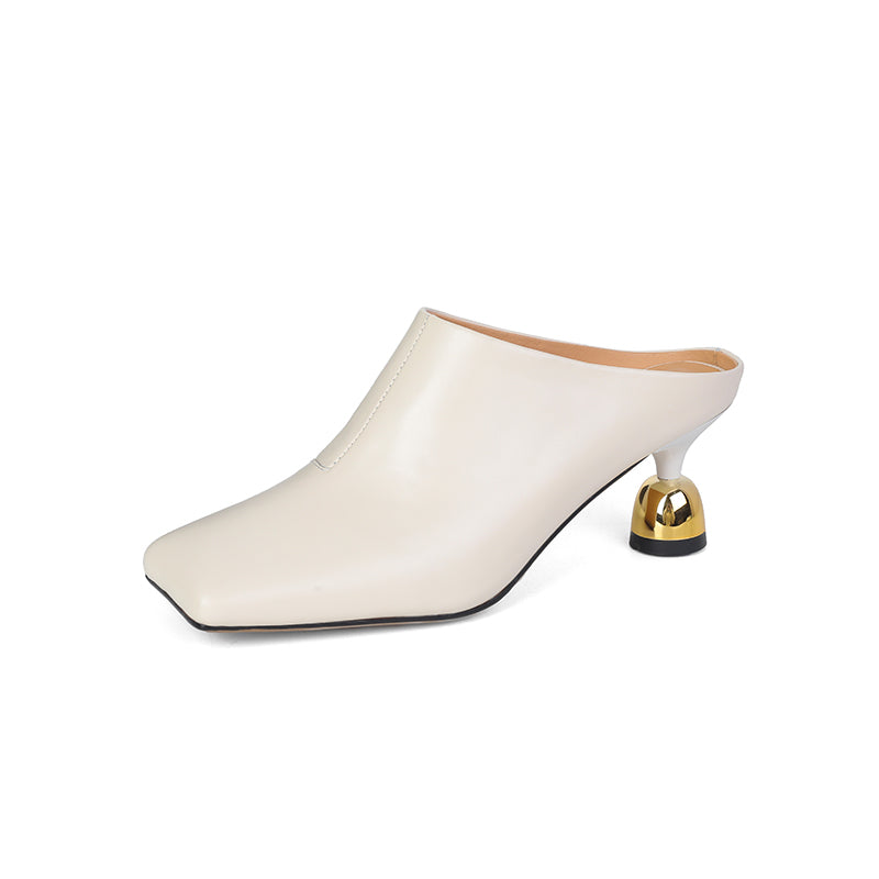 Women's Leather Sculptural Heel Mules Modern Square Toe Luxury Lambskin Heels