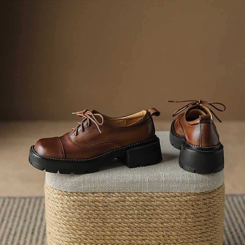 Women's Leather Cap-Toe Platform Derby British Style Retro Lace-up Shoes