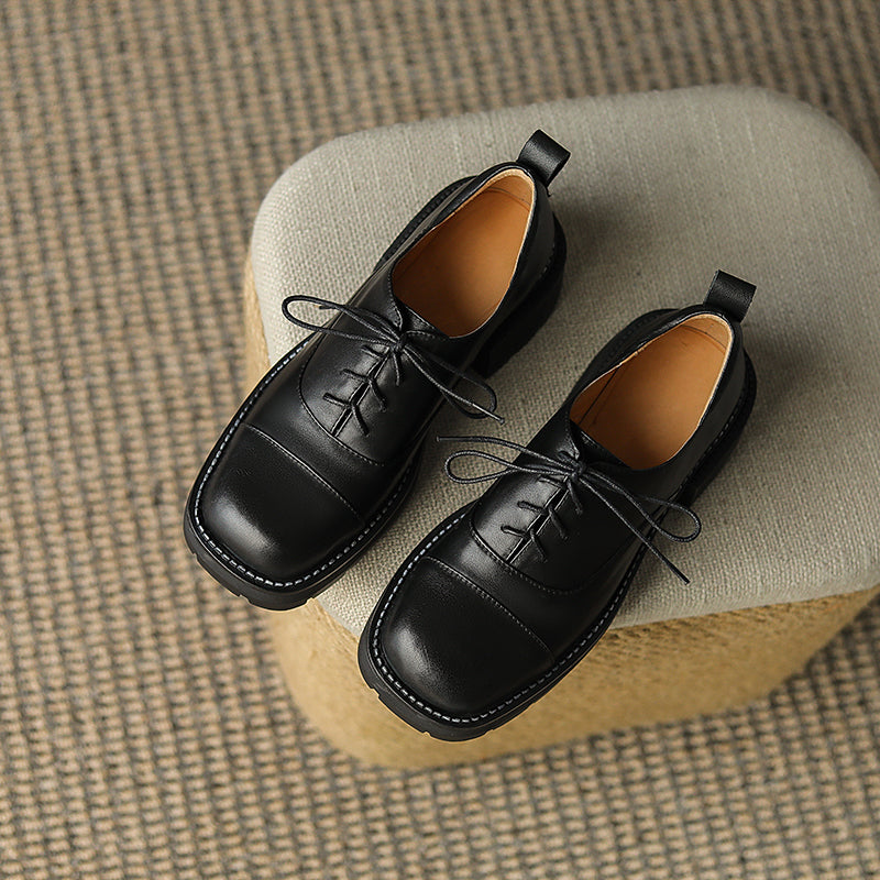 Women's Leather Cap-Toe Platform Derby British Style Retro Lace-up Shoes