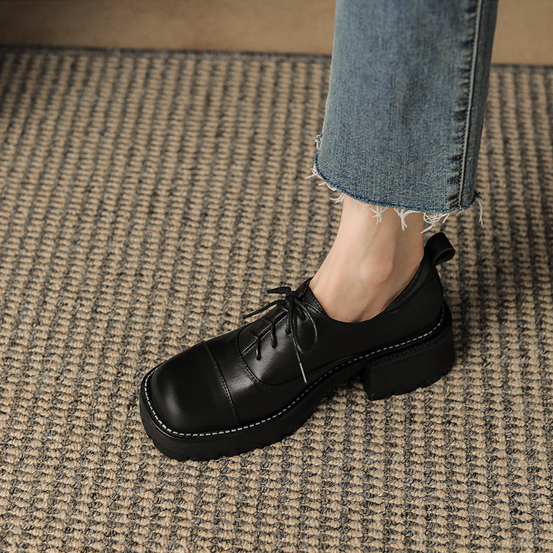 Women's Leather Cap-Toe Platform Derby British Style Retro Lace-up Shoes