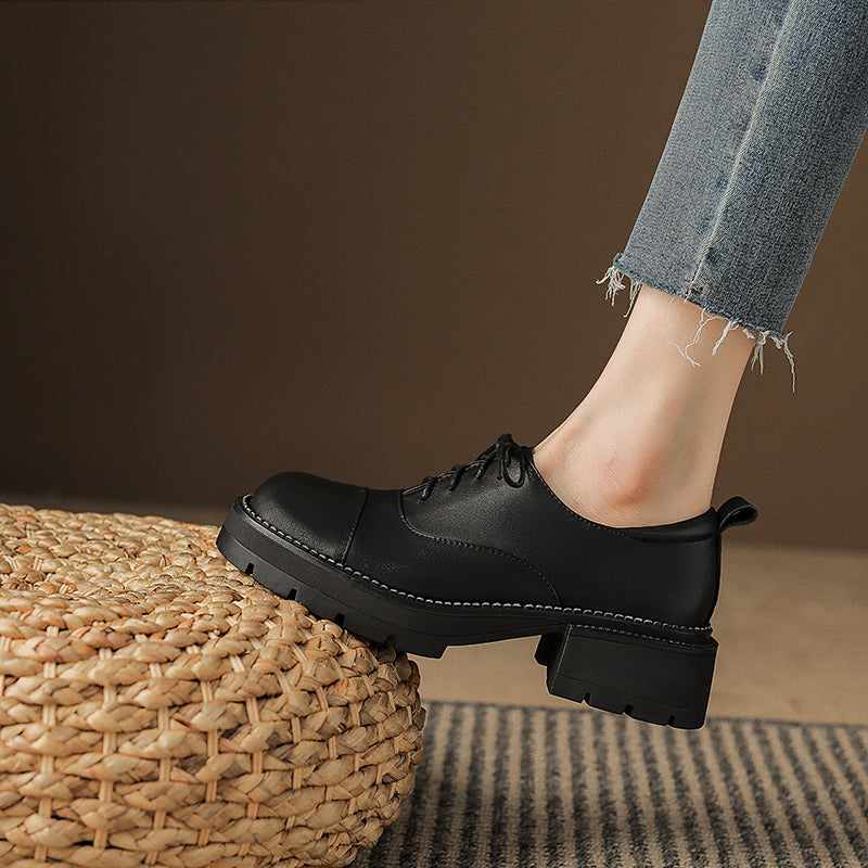 Women's Leather Cap-Toe Platform Derby British Style Retro Lace-up Shoes