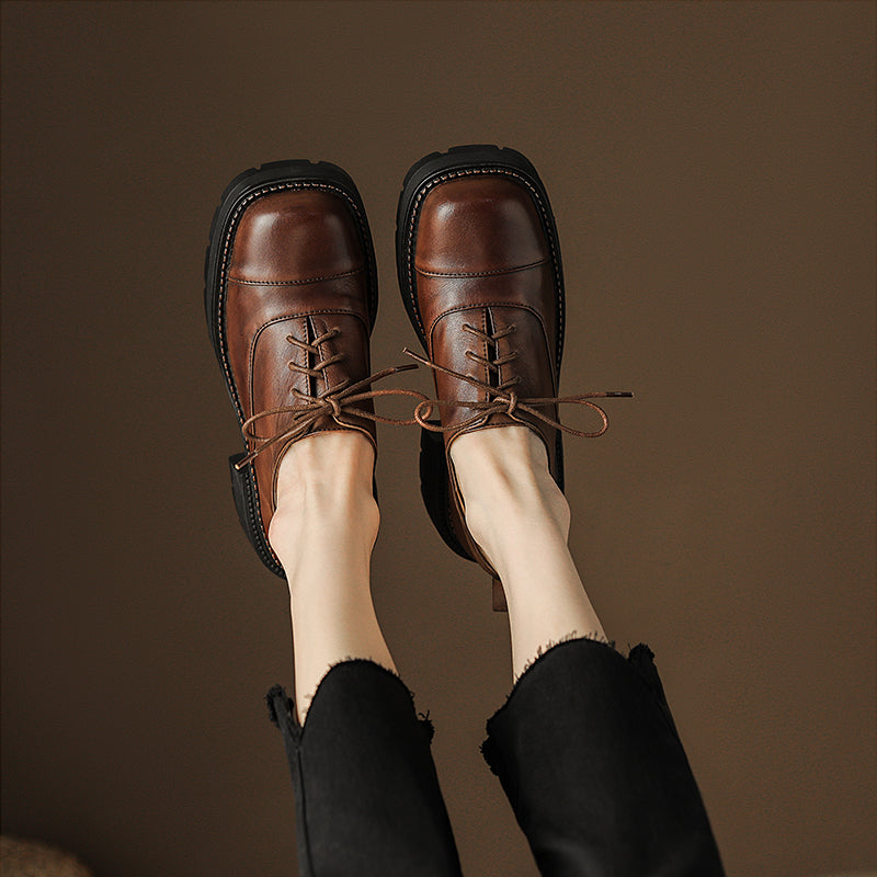 Women's Leather Cap-Toe Platform Derby British Style Retro Lace-up Shoes